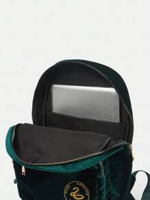 HARRY POTTER X SHEIN Mochila de moda de terciopelo verde oscuro acolchada con bordado de serpiente y letra para volver a la escuela - Verde - Ver 6
