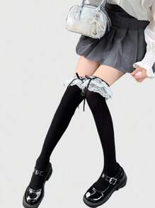 ROMWE Kawaii 1 双可爱蝴蝶结过膝袜，洛丽塔纯色蕾丝花边过膝袜，日常穿着超薄弹力透明紧身裤