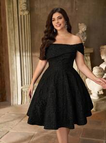 Aureia 加大码优雅奢华黑色露肩大蝴蝶结提花面料系带长裙礼服