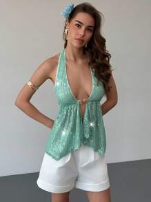 Aloruh Blusa de mujer con cuello en pico, abertura alta y lentejuelas de unicolor, ideal para verano, playa, estilo bohemio, vacaciones tropicales, festivales, conciertos, uso en Ibiza, estilo occidental y ropa de calle bohemia para fiestas - Verde - Ver 5