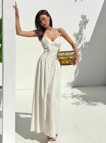 Aloruh Apricot Patchwork A-Line Dress, Suitable For Party, Ball, Vacation - Apricot - View 3