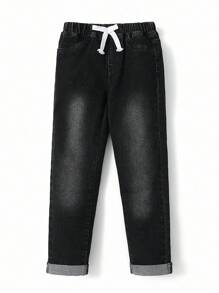 SHEIN Explorewe 3 件套年轻男孩休闲基本款全松紧腰蝴蝶结设计牛仔裤，黑色、蓝色、浅蓝色，仿抽绳装饰，卷边