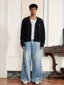 SWAVVY Men's Fashion Heart Pattern Drop Shoulder Long Sleeve Single-Breasted Knit Cardigan , Fall Winter, Grunge Style - Black - View 3