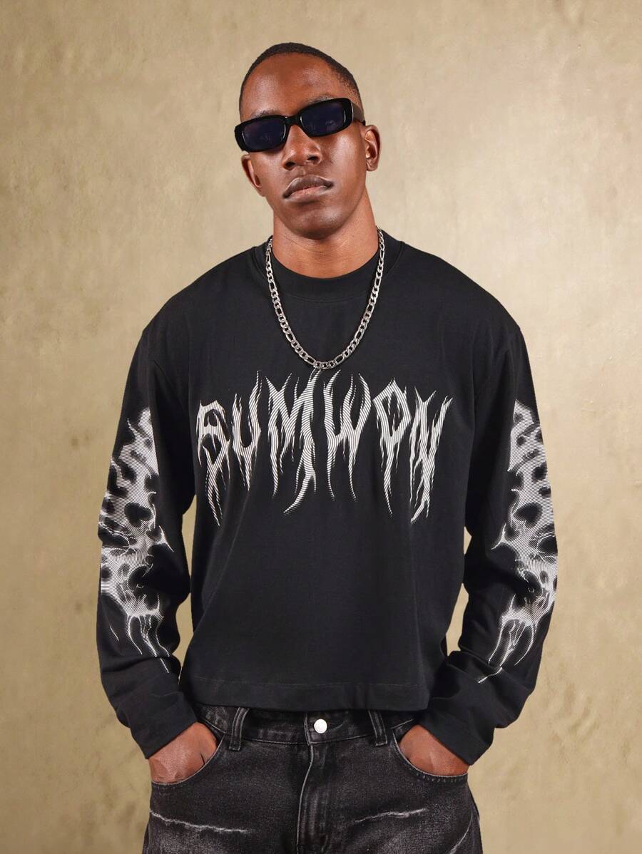 SUMWON Alternativ Gothic Streetwear Langarm T-Shirt in Oversized Passform mit Totenkopf Grafik-Muster, Winter Festival Konzert Punk Rock Stil