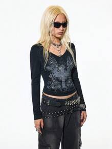 StreetHx Women's Gothic Vintage Rhinestone Embellished Long Sleeve T-Shirt,Punk Style V-Neck Fitted Tee,Black And Silver,Autumn,Goth,Rock Concert Retro Clothes - Black - View 3