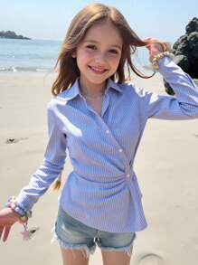 SHEIN Tween Girl Loose-Fit Casual Striped Collared Button-Up Asymmetric Hem Ruffled Shirt, Comfortable & Elegant Daily School Blue Striped Shirt Striped Collared Shirt Blue And White Striped Summer Shirt Fall Winter - Blue - View 6