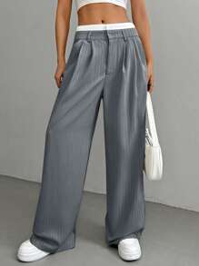 SHEIN EZwear Calças compridas cinza de perna larga com listras e zíper para um visual casual moderno Calças plissadas de cintura alta Calças cinza risca de giz para outono/inverno