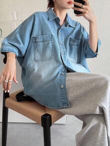 FRIFUL 女士蝙蝠袖单排扣宽松休闲口袋牛仔衬衫长袖 - 藍色 - 查看 5