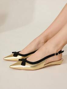 CUCCOO CHICEST 女士尖头蝴蝶结装饰平底鞋，优雅甜美休闲简约时尚舒适仿皮鞋，适合下午茶、约会、派对、职场、万圣节、新年、春节等场合。 - 金色 - 查看 4