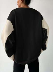 EURMUSE Cotton Pink Dark Grey Colorblock Oversize Fit Sweatshirt - Black - View 2