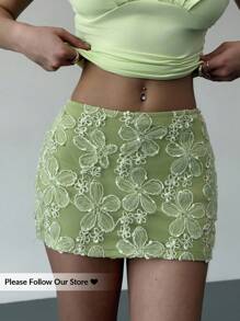 Aloruh 带衬里的纹理绿色迷你裙，性感年轻女性度假装，春夏 - 綠色 - 查看 1