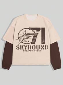 ROMWE MEN Street Life 男士圆领二合一字母印花长袖 T 恤，