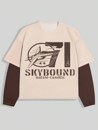 Street Life T-shirt à manches longues col rond 2 en 1 avec imprimé lettres pour hommes