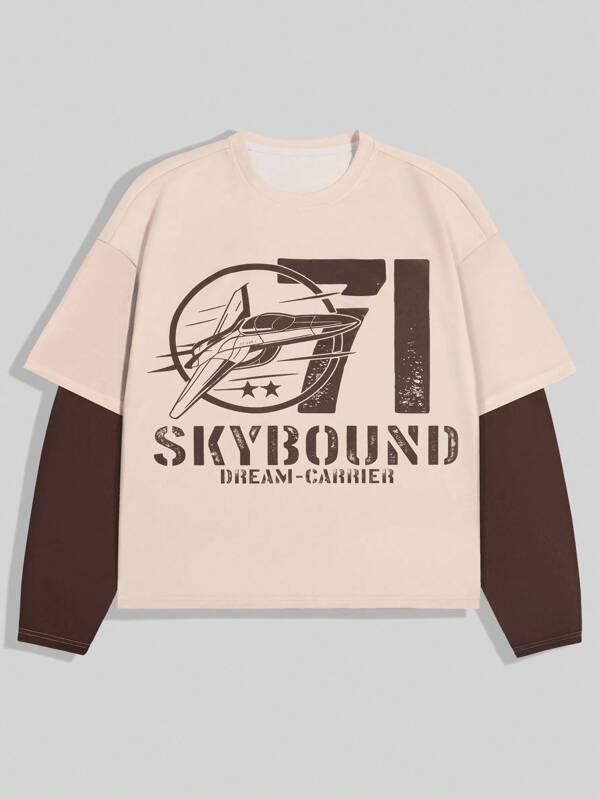 ROMWE MEN Street Life Men's Round Neck 2 In 1 Letter Print Long Sleeve T-Shirt,