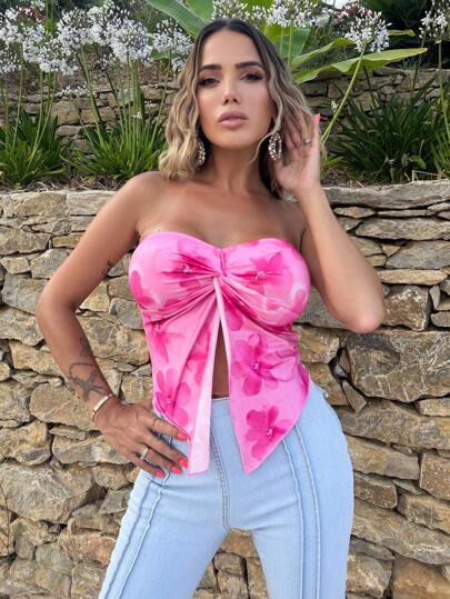 Manon Tanti Blouse ample en mousseline de soie avec imprimé floral, fendue devant, sans bretelle, tenue de mode automne-hiver, convient pour un thé