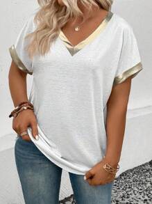 EMERY ROSE Women's Casual V-Neck Short Sleeve PU Leather Patchwork Gold Trim Plus Size T-Shirt