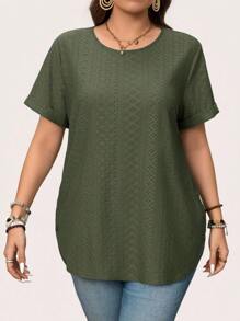 SHEIN LUNE 大码纯色圆领短袖休闲T恤 - 軍綠色 - 查看 4