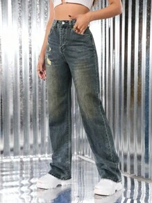 SHEIN ICON Jeans en denim décontractés, droits et amples pour femmes - Jean bleu - Voir 3