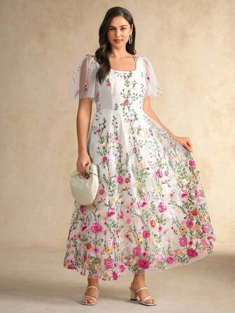 Flouryn 大码女式花卉刺绣网眼荷叶边袖优雅连衣裙