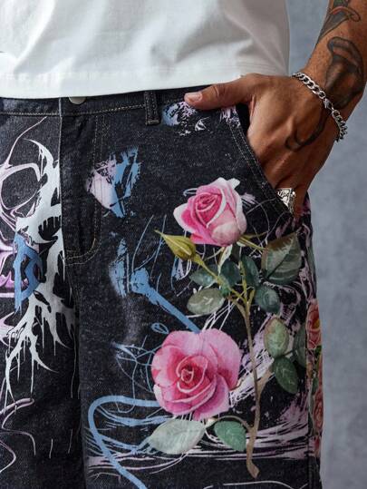 Street Life Men's Floral Print Pocket Loose Denim Shorts