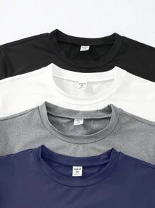 SHEIN Vacaura Áo thun tay ngắn màu trơn dành cho thiếu niên/bé trai, thích hợp mặc hàng ngày, thiết kế màu trơn, cổ tròn cổ điển, mềm mại và thoải mái - Nhiều màu - Xem 3