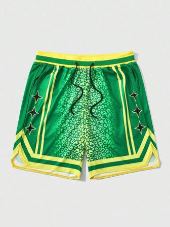 Street Life Herren Shorts mit Kontrastsaum, Leoparden- und Sternenmuster, Kordelzug Taille