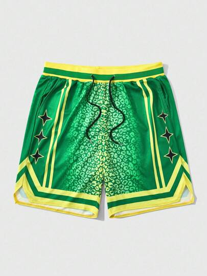 Street Life Men's Contrast Trim Leopard & Star Print Drawstring Waist Shorts