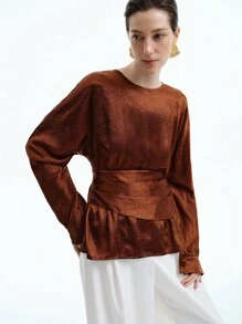 Aalyst 时尚都市休闲女式闪亮褶皱面料圆领灯笼袖腰部收紧短款休闲衬衫，适合毕业派对、节日活动、约会、工作、秋冬 - 咖啡棕 - 查看 3