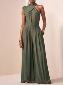 Veslaya 2025秋冬新款休闲度假日常约会通勤优雅沙滩邮轮派对简约网红爆款高领无袖一字肩宽松连体裤阔腿裤 - 綠色 - 查看 9