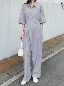 FRIFUL 女士条纹不对称门襟系带宽松休闲连体裤，适合机场、户外穿着 - 黑色 - 查看 3