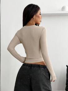 Coolane 女式秋冬街头服饰文艺复兴博览会基本款罗纹针织保暖/寒冷天气/保暖弹力长袖 V 领 T 恤 - 棕色 - 查看 7