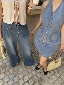 Dripcurv Plus Size Open Back Halter Neck Top & Denim Skirt 2 Pieces Set - Blue - View 7