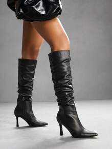 CUCCOO SZL 女士尖头水钻装饰褶皱性感高跟及膝靴，适合夜店、派对、聚会 - 黑色 - 查看 3