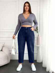 EURMUSE 100%Cotton Plus Size Water Washed Mom Style Jeans - Dark Wash - View 3