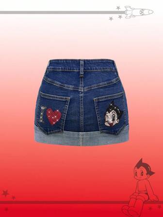Astro Boy X ROMWE Gonna mini aderente in denim a vita bassa con grafica di figure cartoni animati in stile retrò Y2K per donna
