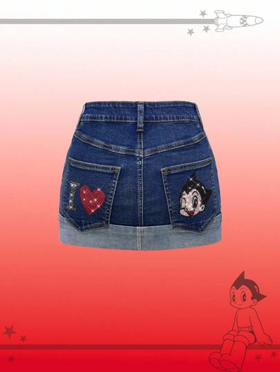 Astro Boy X ROMWE Y2K Retro Cartoon Figure Graphic Streetwear Women's Low Waist Short Bodycon Denim Mini Skirt