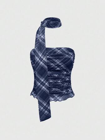 J-Fashion Canotta con collo alla halter a quadri stile americano preppy per il ritorno a scuola (con sciarpa)