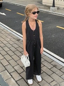SHEIN Tween 女童夏季休闲条纹露背吊带连体裤 - 黑色 - 查看 4
