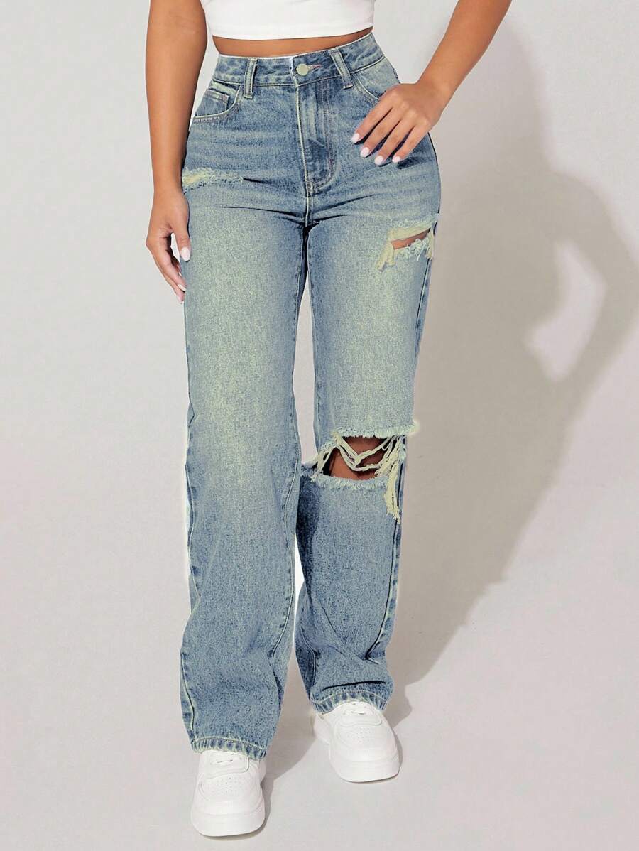 SHEIN PETITE Jeans de mujer de pierna ancha holgados, versátiles y con bolsillos desgastados - Lavado ligero - Ver 1