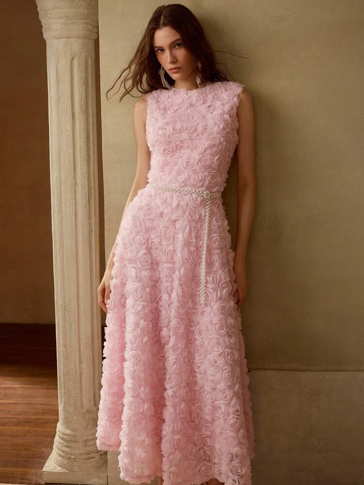 FAUX PEARL DETAIL APPLIQUES PROM DRESS