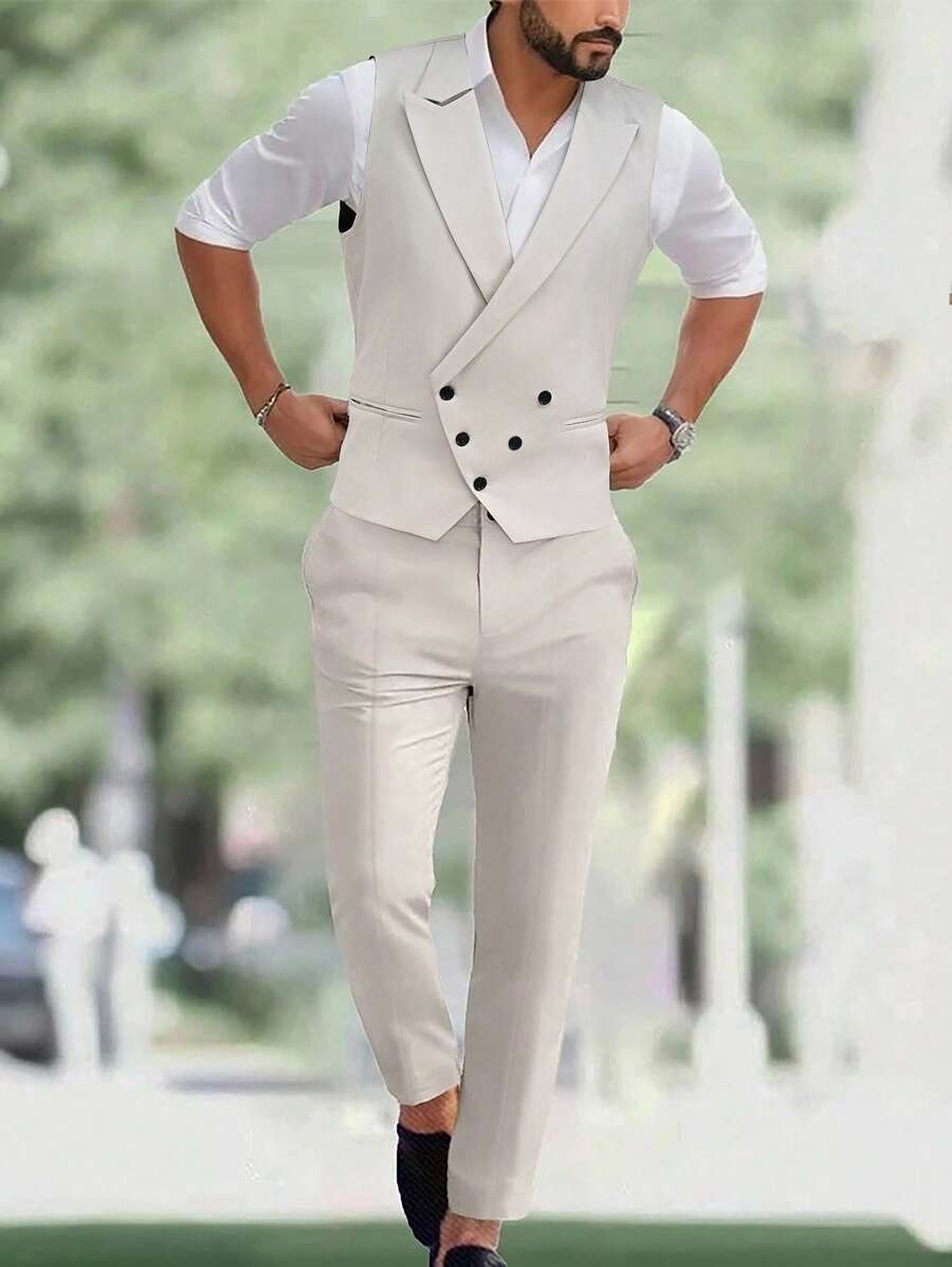 Manfinity Bizformal 男士纯色翻领背心和裤子套装男士 S 2 件套男士 S 背心套装两件套男士两件套男士 2 件套服装 - 卡其色 - 查看 1