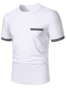 Manfinity Homme Áo thun nam cổ tròn tay ngắn họa tiết Houndstooth chắp vá mùa hè - trắng - Xem 4