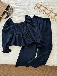 LMoss Kids LMoss  2pcs Tween Girl Woven Solid Puff Sleeve Casual Shirt And Loose Fit Pants Set Little Girl Co Ord Set Girls Spring And Autumn Suit Girls Blouse Set Tween Girl Peplum Top And Wide Leg Pants Girls Navy Two-Piece Set Teen Girls Outfit Sets,Ensemble,Herbst Outfit,Trousse Fall Winter