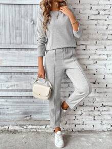 SHEIN PETITE 2pcs Women Long Sleeve Sweatshirt & Pants Set, Sweatshirt Top With Drawstring Hoodie, Elastic Waist Pants All White Casual Outfits Spring