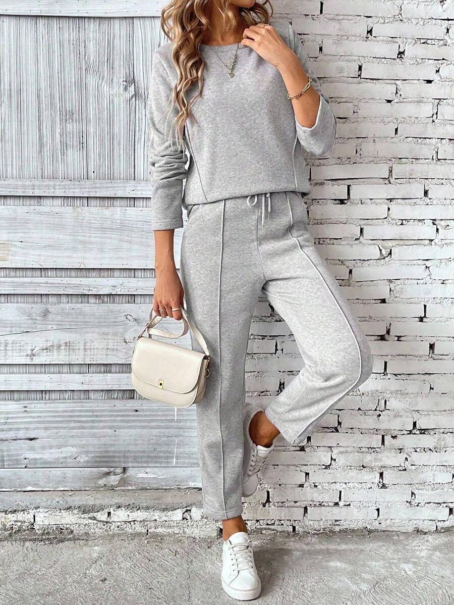 SHEIN PETITE 2pcs Women Long Sleeve Sweatshirt & Pants Set, Sweatshirt Top With Drawstring Hoodie, Elastic Waist Pants All White Casual Outfits Spring