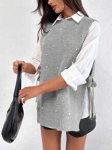 EURMUSE Round Neck Sleeveless Sweater With Pearls - Light Grey - View 4