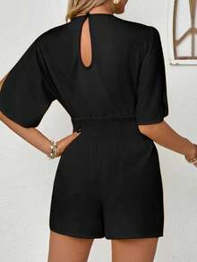 INAWLY Bộ đồ liền thân tay cánh dơi thắt nơ thanh lịch dành cho nữ khi đi nghỉ - màu đen - Xem 2