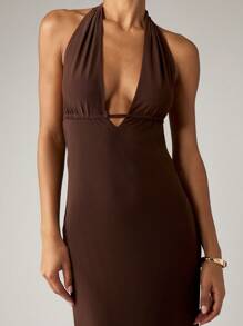 AiiRZ Vestido largo de noche con cuello halter, sin espalda, escote en V profundo, vestido de fiesta formal de longitud hasta el piso, sin mangas, cintura imperio - Marrón - Ver 5