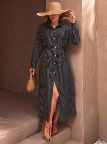EURMUSE Vestido camisero maxi con detalles de botones y cinturón de cordón, con apariencia de lino y estilo casual desenfadado - Negro - Ver 4
