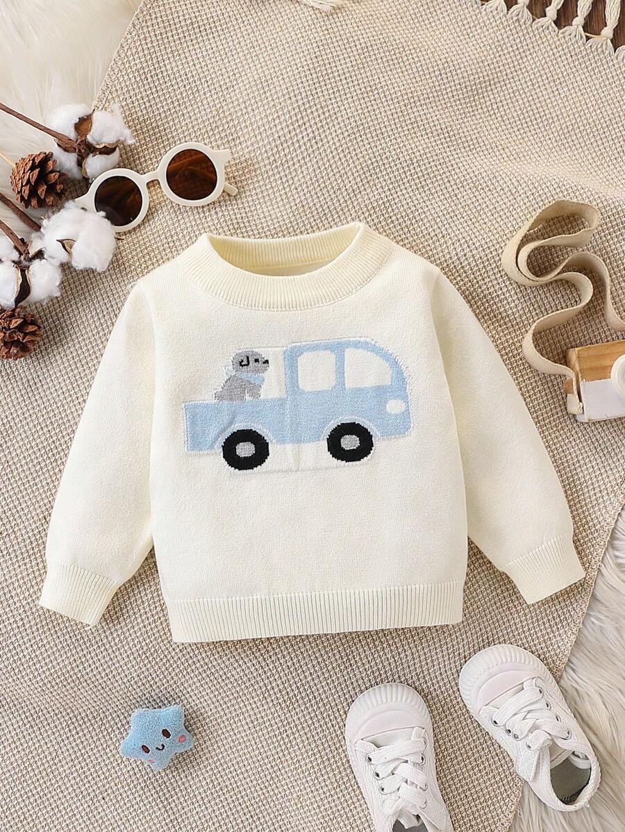 Souflis Souflis Baby Boys Crew Neck Pullovers, Soft Knit Long Sleeve Sweater For Autumn/Winter, Beige Color, Fashion, Casual, Comfortable For Daily Wear, Home, Outings, Travel, Featuring Car & Cartoon Patterns Fall
